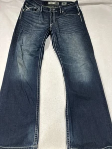 BKE Tyler Jeans Mens 36L Blue Faded Dark Wash Designer Stitching - Picture 1 of 9