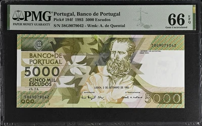 Portugal Banco de Portugal 5000 Escudos 1993 P 184f UNC PMG 66 EPQ 3rd TOP POP - Image 1 of 4