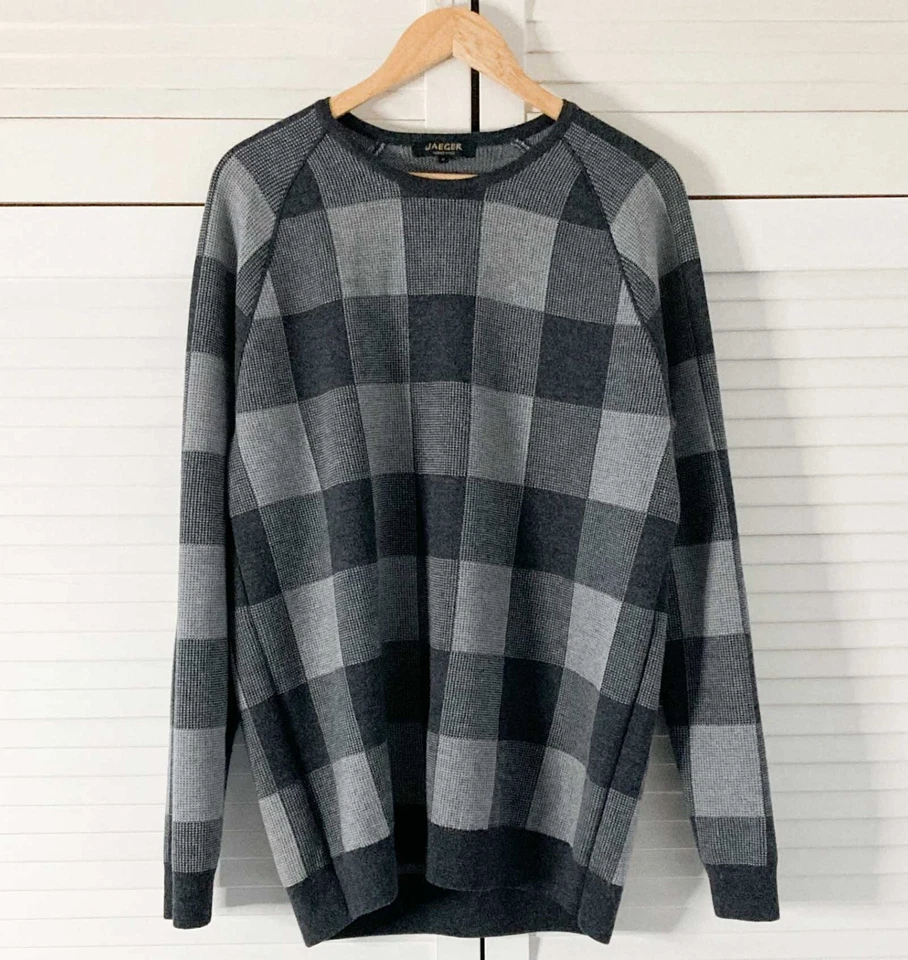 Jaeger Jumper Size Medium Grey Merino Wool Check Patterned Sweater Pullover - Image 1 of 4