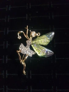 Ballerina Rhinestone Dress With Acrylic Green Wings Lapel/Brooch Pin - Picture 1 of 5