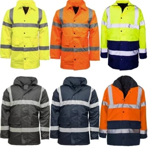 Mens Hi Vis Heavy Duty Full Zip Parka Jacket Long Sleeve Waterproof Padded Coat - Picture 1 of 11
