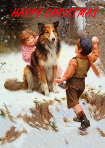 COLLIE AND CHILDREN SINGLE DOG PRINT GREETING CHRISTMAS CARD - Picture 1 of 1