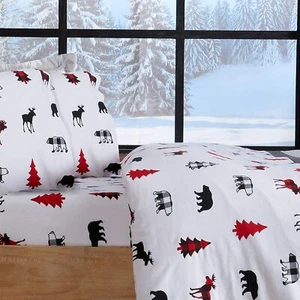Red Black Plaid Bear Moose 4pc Cotton Flannel Sheet Set Twin Full Queen King Bed - Picture 1 of 6
