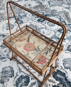 vtg MCM serving tray carrier boho floral wicker rattan drink holder - Picture 1 of 12