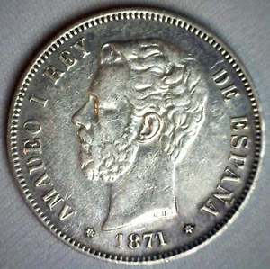 1871 Spain Silver 5 Pesetas Coin Circulated You Grade Amadeao I Ruler 6 pt Star - Picture 1 of 6