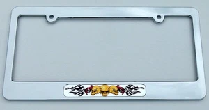 3 skull with flames plastic chrome plated Car auto License plate frame holder TB - Foto 1 di 2