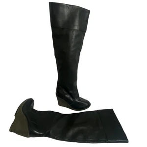 Kelsi Dagger Etna Over-The-Knee Black Leather Wedge Heel Boots Sz 7.5 - Picture 1 of 13
