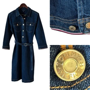 Tommy Hilfiger Denim Dress Shirtdress Logo Belt Pockets Vintage Americana Sz 10 - Picture 1 of 12