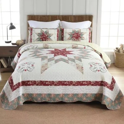 Juegos de cama colcha edredón algodón, 3 piezas reversible Queen Star rojo floral Foto 1 de 4