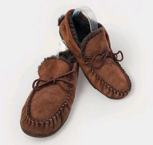 L L Bean Moccasins Wicked Good Slippers Shoes Tan Suede + Shearling Men 9 Wide - Picture 1 of 11