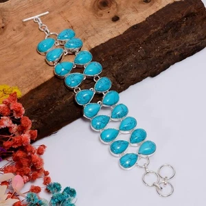 Blue Turquoise Gemstone Handmade 925 Sterling Silver Jewelry Bracelet Size 7-8" - Picture 1 of 3