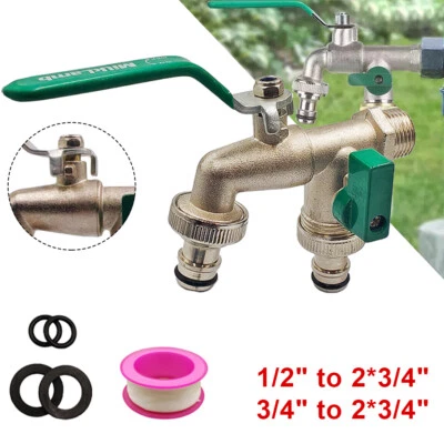 Garten Doppel Wasserhahn aus MessingAuslaufhahn Kugelhahn 1/2 3/4 zoll Anschlus_ - Bild 1 von 4