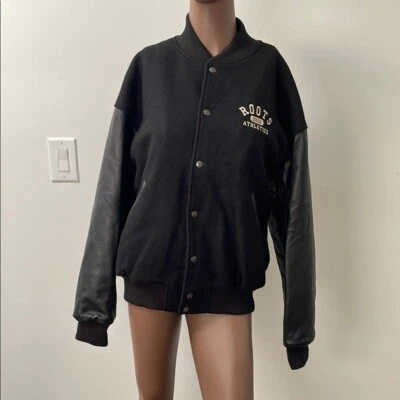 Chaqueta Universitaria Roots Vintage Cuero Lana Negra Bombardero Mediana Pequeña S M Foto 1 de 4
