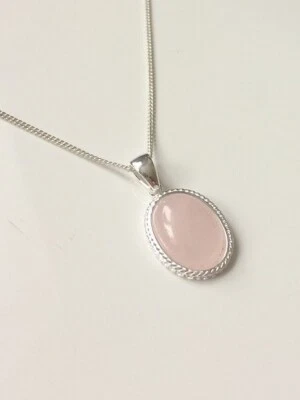 Brand New 925 Sterling Silver Rose Quartz Double Rope Edge Pendant Necklace - Image 1 of 4