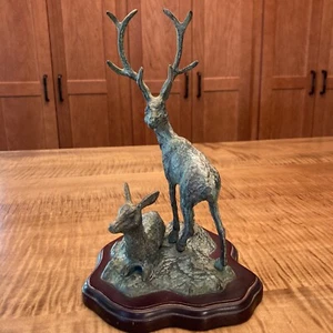 Vintage MCM Deer Buck Doe Cast Bronze Metal Sculpture Figurine Toyo Korea 10x7 - Picture 1 of 11