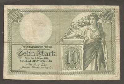Germany - Empire 10 Mark 6.10.1906; F; P-9b; BNB-B108b; 7 digit # - Image 1 of 2
