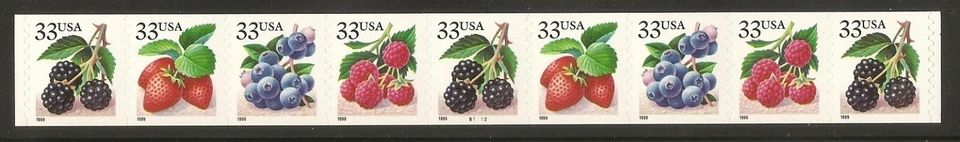 US Scott 3302-3305 33c Berries PNC strip of 9, plate # B1112 - Image 1 of 1