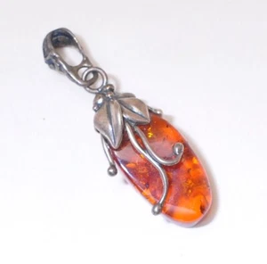 Vintage Amber And Sterling Silver 925 Droplike Pendant - 1.5"inches Length - Picture 1 of 5