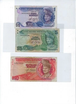 Malaysia set of 3 1,5,10 Ringgit 5Th Series 1982 - 1984 , VF   MA65 - Image 1 of 4