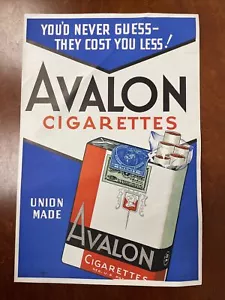 AVALON CIGARETTES STORE ADVERTISING WINDOW SIGN 1939 VINTAGE TOBACCO - Picture 1 of 5
