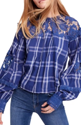 Free People 女式 XS 蓝色格子 Darling Diana 蕾丝棉质长袖上衣 — 第 1/4 张图片