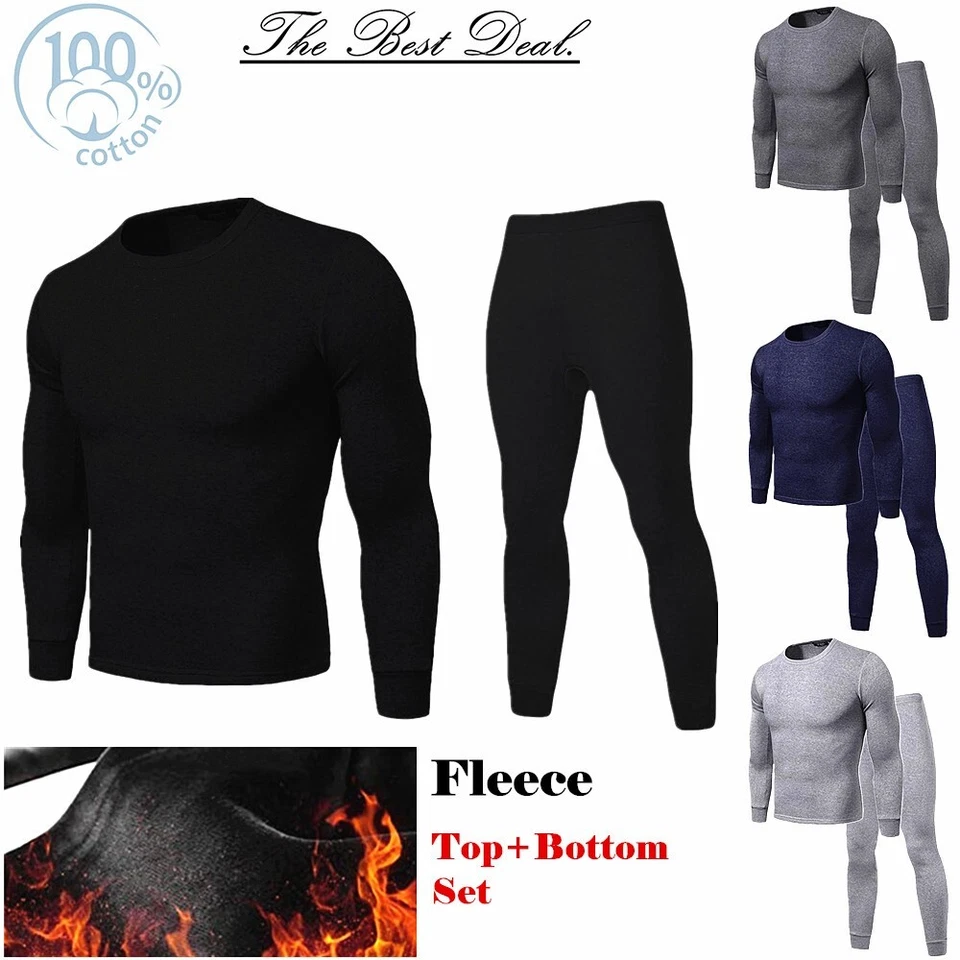 Roupa íntima masculina 100% algodão térmica forrada de lã Long Johns quente top + calça conjunto com 2 peças - Imagem 1 de 4