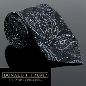 Donald J Trump Signature Collection Mens Neck Tie Black Silver Gold Paisley 60"L