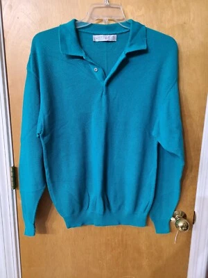Jantzen Vintage Longsleeve Waffle Knit Aqua/Teal Top, Made In USA, Large - Image 1 of 4