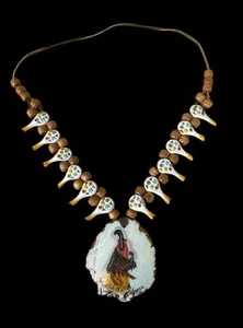 Vintage 70er Jahre signierte DeGrazia handbemalte Kaktusblüte Leder Halskette - Bild 1 von 8