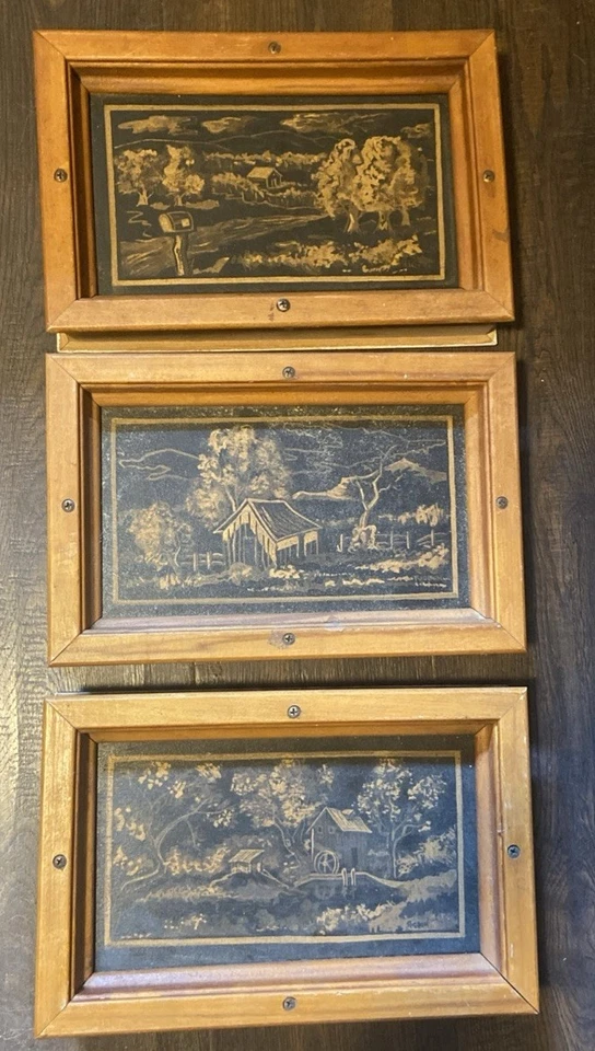 Set of 3 Hand Made Etched Wooden Folk Art Framed and Signed Americana - Image 1 of 4