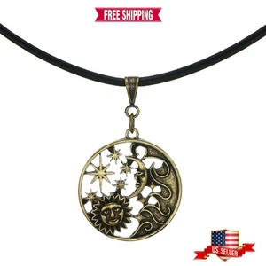 Boho Celestial Antique Gold Pendant Leather Cord Necklace – Style & Color Choice - Picture 1 of 17