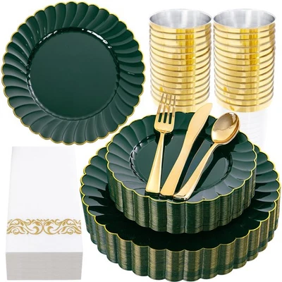 175 ШТ. Зеленые Волнистые Пластиковые Тарелки - Зеленая и Золотая Одноразовая Столовая посуда... - Изображение 1 из 4