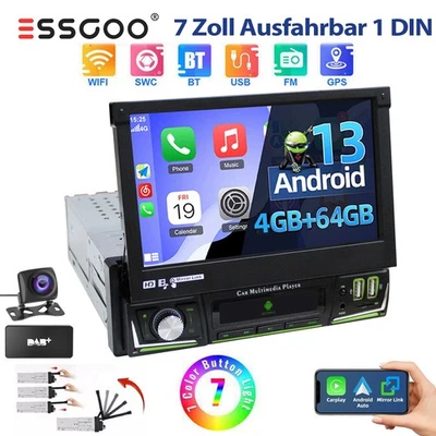 DAB+ 4+64G 1 DIN 7 Zoll Flip Out Autoradio Android 14 Carplay GPS WIFI BT FM KAM - Bild 1 von 4