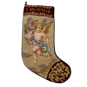 I believe in Angels wool needlepoint Christmas Stocking velvet back cherub Holid - Picture 1 of 6