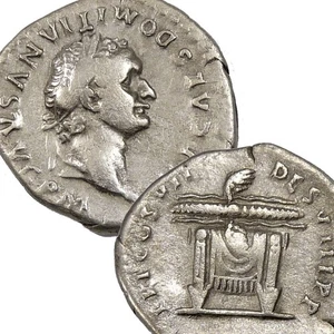 DOMIZIANO. Sedia trono drappeggiata, Thunderbolt rara! R1 in RIC Denario romano in argento - Foto 1 di 13