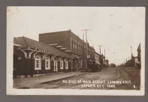 La Porte City IOWA RPPC c1915 DEPOT ESTACIÓN DE TREN Main Street INTERURBANO Trolley - Imagen 1 de 2