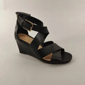 Clarks Sandals Womens 4.5 Black Leather Wedge Heels Cross Strap Comfort Casual - Picture 1 of 14
