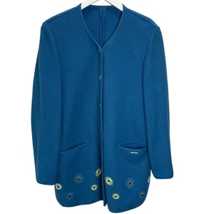 Geiger Boiled Woold Embroidered Floral Jacket Size 38 (M/10) Blue Button Womens - Picture 1 of 8
