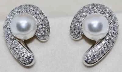 Shiny Freshwater Silver Pearls With Pave Shiny White Cubic Zirconia Stud Earring - Image 1 of 4