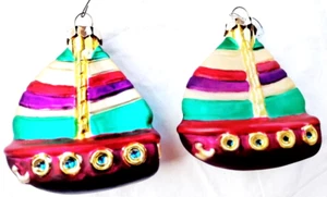 2 SAILBOATS WITH RAINBOW COLORS Glass Christmas Ornaments Nautical EUC FREESHIP - Picture 1 of 1