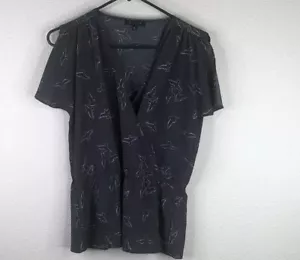 Glam Damen Bluse klein Polyester grau Schlitz Kurzarm Vogelmuster - Bild 1 von 9