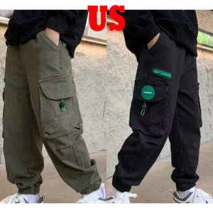 Boys Cargo Jogger Pants Outdoor Hiking Baggy Trousers Street Jazz Sweatpants - Picture 1 of 32