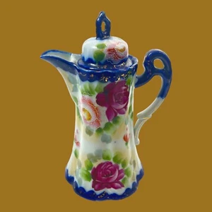 Vintage Nippon Hand Painted Chocolate Pot With Lid Cobalt Blue Pink Rose Flowers - Picture 1 of 16