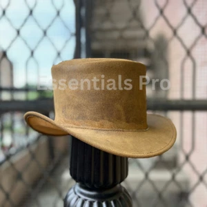 Sombrero de copa de cuero marrón vintage hecho a mano, sombrero victoriano moda occidental sombrero de copa - Imagen 1 de 6