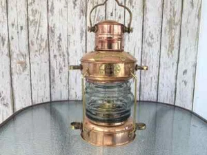 Brass & Copper Anchor Oil Lamp ~ Nautical Maritime Ship Lantern ~ Boat Light - Picture 1 of 6