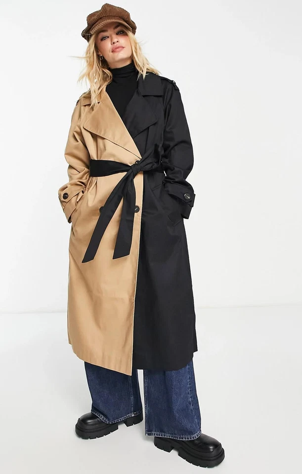 ASOS DESIGN Womens Half And Half Trench Coat In Black And Stone RRP £70 - Image 1 of 4