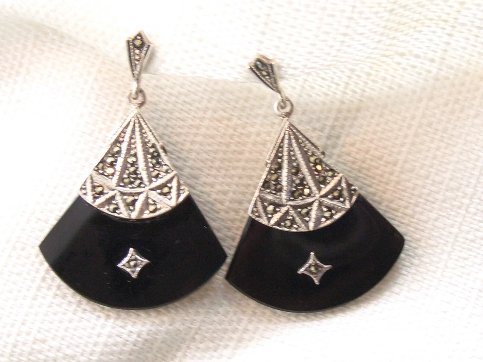 Brincos pendentes de prata esterlina ônix designer Estate DBJ Victoria Townsend ventilador  - Imagem 1 de 4