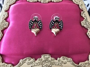 Betsey Johnson A&D Angel Devil Black Bat Crystal AB Gold Heart Earrings RARE - Picture 1 of 2