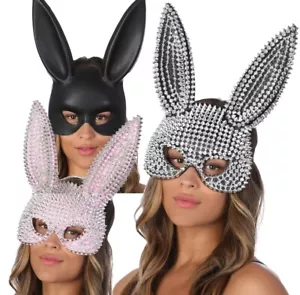 Adult Bunny Mask Black Masquerade Rabbit Ears Halloween Fancy Dress Studded - Picture 1 of 4