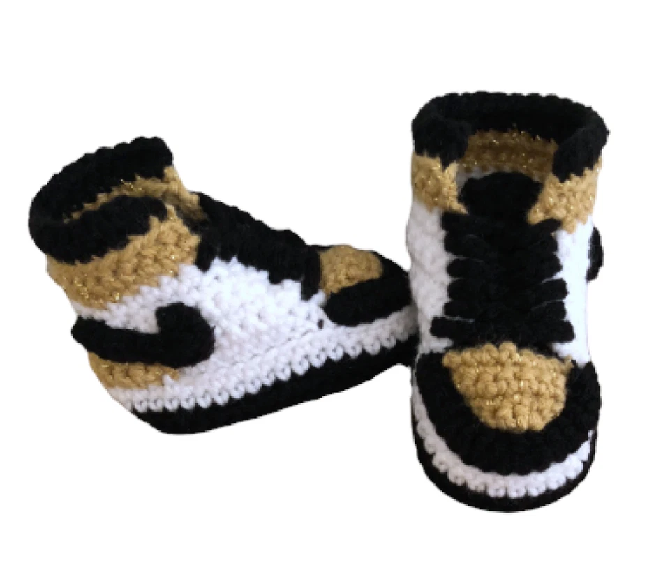 Gold Shoes Baby Sneaker J Basketball Air Retro Crochet Black White Boy Girl   - Image 1 of 4